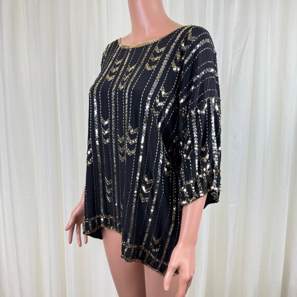 Vintage 80's Three Flaggs 100% Silk Beaded Sequins Blouse Top Sz Large Black - Picture 5 of 13